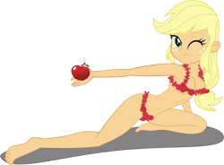 Size: 5344x3939 | Tagged: suggestive, derpibooru import, applejack, equestria girls, flower bikini, image, looking at you, one eye closed, png, simple background, solo, transparent background, wink, winking at you