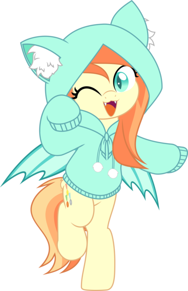 Size: 3232x5000 | Tagged: safe, artist:jhayarr23, derpibooru import, oc, oc:sunshine drift, unofficial characters only, bat pony, pony, :3, bat wings, bipedal, butt fluff, cat ears, clothes, commission, fangs, female, hoodie, image, looking at you, mare, one eye closed, open mouth, png, pony oc, raised hoof, raised leg, simple background, solo, spread wings, tail, transparent background, wings, wink, ych result