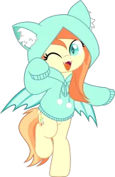 Size: 3232x5000 | Tagged: safe, artist:jhayarr23, derpibooru import, oc, oc:sunshine drift, unofficial characters only, bat pony, pony, :3, bat wings, bipedal, butt fluff, cat ears, clothes, commission, fangs, female, hoodie, image, looking at you, mare, one eye closed, open mouth, png, pony oc, raised hoof, raised leg, simple background, solo, spread wings, tail, transparent background, wings, wink, ych result