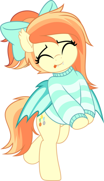 Size: 2881x5000 | Tagged: safe, artist:jhayarr23, derpibooru import, oc, oc:sunshine drift, unofficial characters only, bat pony, pony, :p, bat wings, bipedal, bow, clothes, commission, ear fluff, eyes closed, fangs, female, hair bow, hoodie, image, long sleeves, mare, png, raised hoof, simple background, smiling, solo, striped sweater, sweater, tongue out, transparent background, wings, ych result