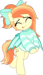 Size: 2881x5000 | Tagged: safe, artist:jhayarr23, derpibooru import, oc, oc:sunshine drift, unofficial characters only, bat pony, pony, :p, bat wings, bipedal, bow, clothes, commission, ear fluff, eyes closed, fangs, female, hair bow, hoodie, image, long sleeves, mare, png, raised hoof, simple background, smiling, solo, striped sweater, sweater, tongue out, transparent background, wings, ych result