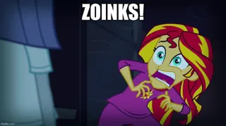 Size: 896x500 | Tagged: safe, derpibooru import, edit, edited screencap, screencap, maud pie, sunset shimmer, equestria girls, rainbow rocks, caption, image, image macro, jpeg, scooby doo, shaggy rogers, text