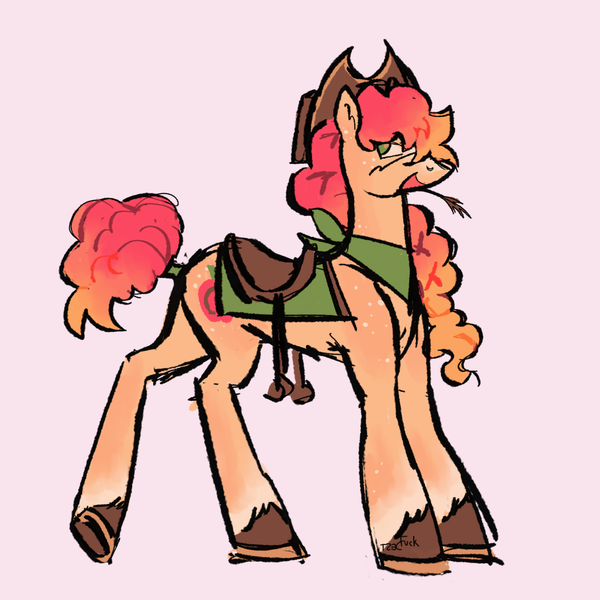 Size: 1280x1280 | Tagged: safe, artist:sillyfillies, derpibooru import, applejack, oc, earth pony, pony, alternate color palette, alternate design, alternate hairstyle, bandana, cowboy hat, hat, image, pink background, png, redesign, saddle, simple background, solo, tack, twitterina design