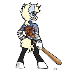 Size: 2459x2700 | Tagged: safe, artist:opalacorn, derpibooru import, oc, oc:nootaz, unofficial characters only, pony, semi-anthro, unicorn, arm wraps, bandaid, baseball bat, female, image, jpeg, looking at you, looking back, looking back at you, mare, simple background, solo, tattoo, white background