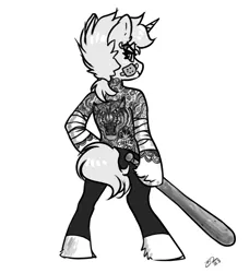 Size: 2459x2700 | Tagged: safe, alternate version, artist:opalacorn, derpibooru import, oc, oc:nootaz, unofficial characters only, pony, semi-anthro, unicorn, arm wraps, bandaid, baseball bat, black and white, ear piercing, earring, female, grayscale, image, jewelry, jpeg, looking at you, looking back, looking back at you, mare, monochrome, piercing, simple background, solo, tattoo, white background