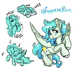 Size: 3911x3653 | Tagged: safe, artist:opalacorn, derpibooru import, oc, oc:sapphire prism, unofficial characters only, pegasus, pony, body freckles, eating, eyes closed, female, food, freckles, image, jpeg, looking at you, mare, music notes, onomatopoeia, pillow, simple background, sleeping, smiling, smiling at you, solo, sound effects, taco, unshorn fetlocks, white background, zzz