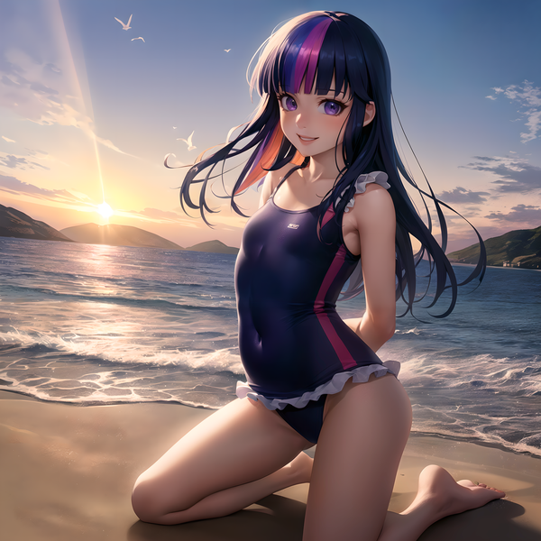 Size: 1792x1792 | Tagged: suggestive, derpibooru import, machine learning generated, twilight sparkle, human, adult, ai content, arm behind back, beach, belly button, breasts, clothes, female, humanized, image, kneeling, looking at you, mountain, nature, ocean, one-piece swimsuit, png, prompter:n0pen0pe, sand, small breasts, solo, solo female, sunset, swimsuit, water, wind