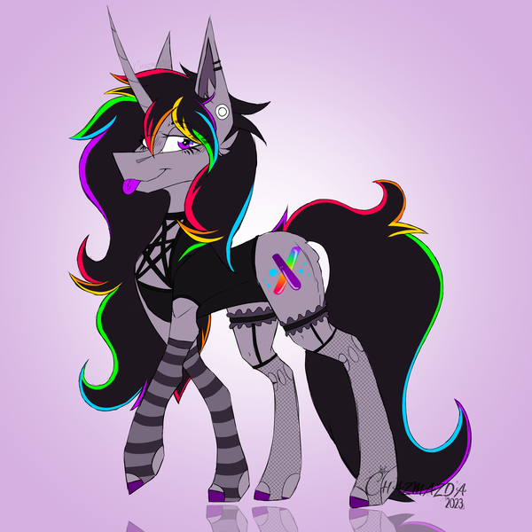 Size: 4320x4320 | Tagged: safe, artist:chazmazda, derpibooru import, oc, oc:strobestress, pony, unicorn, clothes, ear fluff, ear piercing, earring, fem, female, fishnets, garter belt, garters, gauges, glowstick, image, jewelry, long mane, mare, multicolored hair, pentagram, piercing, png, rainbow hair, rgb, smiling, smirk, socks, solo, solo female, stockings, thigh highs, tongue out