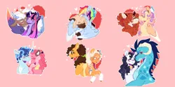 Size: 8000x4000 | Tagged: safe, artist:orphicswanart, derpibooru import, applejack, autumn blaze, cheese sandwich, discord, dumbbell, fluttershy, party favor, pinkie pie, princess ember, rainbow dash, rarity, twilight sparkle, twilight sparkle (alicorn), alicorn, draconequus, dragon, earth pony, kirin, pegasus, pony, unicorn, alternate design, autumnshy, cheesejack, discolight, dragoness, dumbdash, ear piercing, earring, emberity, female, glasses, heart, image, jewelry, lesbian, male, mane six, mare, nuzzling, partypie, piercing, pink background, png, shipping, simple background, stallion, straight, twitterina design