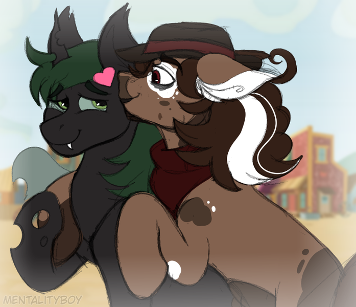 Size: 803x691 | Tagged: safe, artist:woofpoods, derpibooru import, oc, oc:hushknack, oc:nightshadow, changeling, cow, cow pony, earth pony, pony, appleloosa, big lips, brown hair, brown mane, changeling king, changeling oc, clothes, cowboy hat, curly hair, cute, gay, green changeling, green eyes, green hair, hat, heart, image, kiss on the cheek, kissing, lovers, male, neck scarf, oc x oc, photo, png, red eyes, scarf, sharp teeth, shipping, splotches, stallion, teeth, vitiligo, white hairs