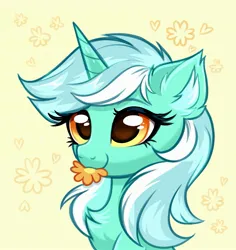 Size: 2731x2896 | Tagged: safe, artist:confetticakez, derpibooru import, lyra heartstrings, pony, unicorn, bust, chest fluff, ear fluff, female, flower, image, jpeg, mare, mouth hold, smiling, solo