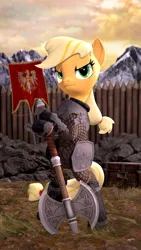 Size: 2160x3840 | Tagged: safe, artist:owlpirate, derpibooru import, applejack, earth pony, pony, 3d, armor, axe, banner, battle axe, bipedal, female, image, mare, medieval, png, solo, source filmmaker, weapon