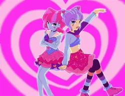 Size: 2048x1570 | Tagged: safe, artist:sugarcube269, derpibooru import, kiwi lollipop, supernova zap, human, equestria girls, equestria girls series, sunset's backstage pass!, spoiler:eqg series (season 2), belly button, crossed arms, duo, duo female, female, heart, heart background, image, jpeg, k-lo, open mouth, open smile, outline, postcrush, raised arm, smiling, su-z, white outline