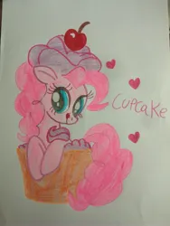 Size: 3120x4160 | Tagged: safe, artist:elizabeth7uzumaki, derpibooru import, pinkie pie, earth pony, pony, cherry, cupcake, female, food, heart, image, jpeg, licking, licking lips, mare, ponies in food, solo, tongue out, traditional art
