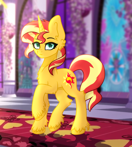 Size: 1800x2000 | Tagged: safe, artist:kiracatastic, derpibooru import, sunset shimmer, pony, unicorn, castle, female, image, mare, png, raised hoof, solo, unshorn fetlocks