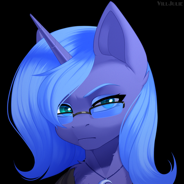 Size: 1024x1024 | Tagged: safe, artist:villjulie, derpibooru import, princess luna, alicorn, pony, black background, bust, clothes, eyebrows, female, image, jewelry, mare, necklace, png, portrait, raised eyebrow, s1 luna, shirt, signature, simple background, solo, sunglasses