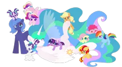 Size: 6000x3294 | Tagged: safe, artist:wkirin, derpibooru import, applejack, fluttershy, pinkie pie, princess cadance, princess celestia, princess luna, rainbow dash, rarity, starlight glimmer, sunset shimmer, twilight sparkle, twilight sparkle (alicorn), alicorn, earth pony, pegasus, pony, unicorn, absurd resolution, chest fluff, female, filly, filly applejack, filly fluttershy, filly pinkie pie, filly rainbow dash, filly rarity, filly starlight glimmer, filly sunset shimmer, filly twilight sparkle, image, lying down, mane six, mare, momlestia fuel, on back, png, s1 luna, sfea, simple background, teen princess cadance, transparent background, younger