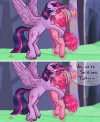 Size: 2627x3184 | Tagged: safe, artist:violetpony11, derpibooru import, pinkie pie, twilight sparkle, twilight sparkle (alicorn), alicorn, earth pony, pony, best gift ever, cap, duo, duo female, eyes closed, female, food, hat, image, implied shining armor, kiss on the lips, kissing, lesbian, levitation, magic, mare, offspring, png, pudding, puddinghead's pudding, shipping, spread wings, telekinesis, twinkie, wings
