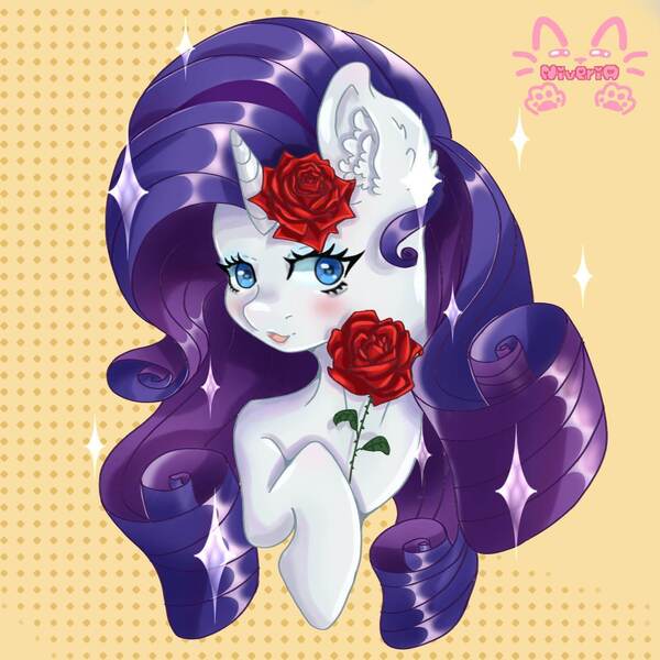 Size: 1280x1280 | Tagged: safe, artist:niveria25, derpibooru import, rarity, pony, unicorn, abstract background, blushing, bust, female, flower, flower in hair, image, jpeg, mare, open mouth, open smile, portrait, rose, signature, smiling, solo