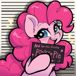 Size: 1037x1033 | Tagged: safe, artist:colorfulcolor233, derpibooru import, pinkie pie, earth pony, pony, barbie, chest fluff, ear fluff, female, hoof hold, image, jpeg, looking at you, mare, mugshot, open mouth, parody, simple background, smiling, solo, sparkles, starry eyes, text, wingding eyes