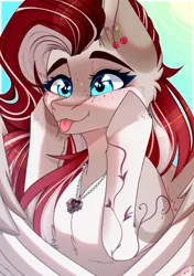 Size: 2760x3920 | Tagged: safe, artist:honeybbear, derpibooru import, oc, oc:cherry heart, unofficial characters only, pegasus, :p, blue eyes, bust, cheek squish, colored wings, ear fluff, ear piercing, earring, freckles, image, jewelry, necklace, piercing, png, portrait, red mane, solo, squishy cheeks, tongue out, two toned mane, two toned wings, wings