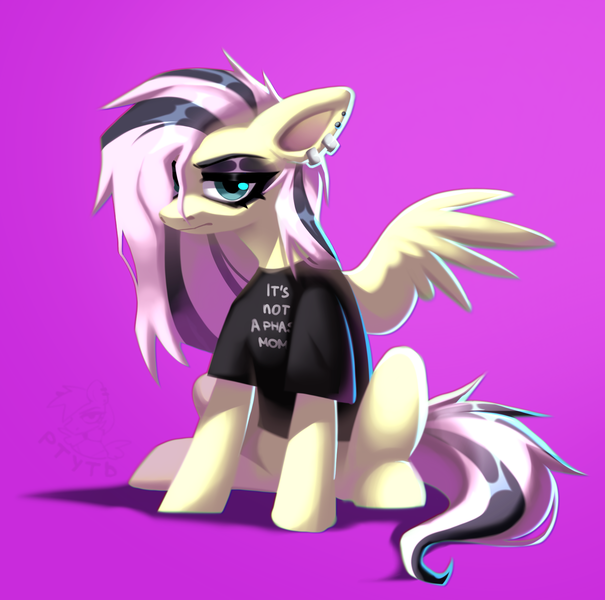 Size: 1634x1621 | Tagged: safe, artist:rtootb, derpibooru import, fluttershy, pegasus, pony, fake it 'til you make it, alternate design, alternate hairstyle, big ears, clothes, digital art, ear piercing, eyelashes, eyeshadow, female, floppy ears, fluttergoth, fluttershy is not amused, full body, g4, goth, goth pony, green eyes, hair over one eye, image, it's not a phase, looking at you, makeup, mare, piercing, pink background, pink hair, png, shading, shirt, simple background, sitting, solo, spread wings, t-shirt, unamused, wings