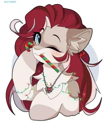 Size: 1200x1400 | Tagged: safe, artist:butterbit, derpibooru import, oc, oc:cherry heart, unofficial characters only, pony, blue eyes, cherry, commission, ear fluff, ear piercing, earring, food, holiday, image, jewelry, necklace, one eye closed, piercing, png, red mane, solo, wink, ych result