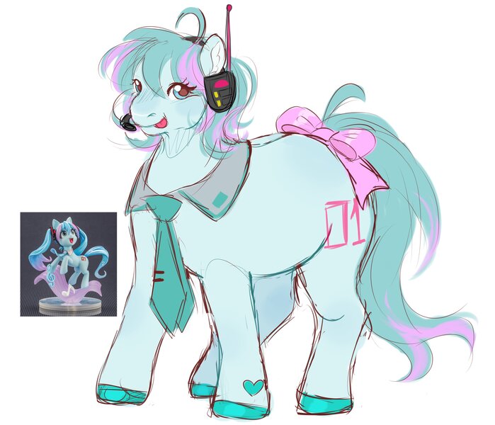 Size: 3524x3024 | Tagged: safe, artist:mysthooves, derpibooru import, kotobukiya, ponified, earth pony, pony, eye clipping through hair, female, hatsune miku, headset, image, jpeg, kotobukiya hatsune miku pony, mare, simple background, solo, tongue out, vocaloid, white background