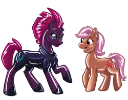 Size: 1280x1008 | Tagged: safe, artist:likeshine, tempest shadow, oc, oc:maple gleam, latex pony, original species, pony, rubber pony, duo, female, image, latex, latex skin, looking at each other, mare, png, rubber, simple background, transformation, white background