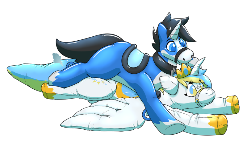 Size: 1280x800 | Tagged: safe, artist:rawr, oc, oc:princess toytime, oc:skyler, unofficial characters only, alicorn, inflatable pony, pony, pooltoy pony, unicorn, deflation, duo, female, image, inflatable, male, mare, png, pool toy, seams, simple background, stallion, transparent background