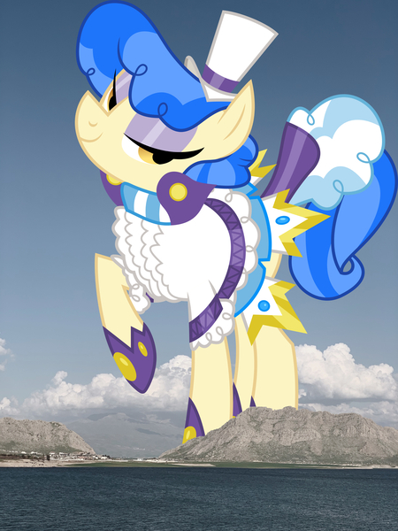 Size: 3024x4032 | Tagged: safe, artist:dashiesparkle, derpibooru import, edit, editor:jaredking779, sapphire shores, earth pony, pony, clothes, female, giant pony, giantess, hat, high res, highrise ponies, image, iraq, irl, jpeg, macro, mare, mountain, mountain range, photo, ponies in real life, raised hoof, solo