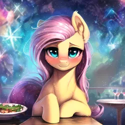 Size: 2560x2560 | Tagged: safe, derpibooru import, machine learning generated, novelai, stable diffusion, fluttershy, pegasus, pony, abstract background, ai content, blushing, cute, ear fluff, female, food, image, lidded eyes, looking at you, mare, png, prompter:endless--, sitting, smiling, smiling at you, solo, table