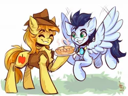 Size: 1600x1200 | Tagged: safe, artist:falafeljake, derpibooru import, braeburn, soarin', earth pony, pegasus, pony, blushing, clothes, commission, duo, eyebrows, eyebrows visible through hair, eyes closed, flying, food, grass, hat, image, jpeg, male, pie, signature, smiling, spread wings, stallion, wings