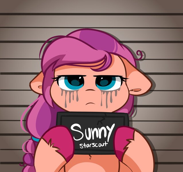 Size: 2696x2536 | Tagged: safe, artist:kittyrosie, derpibooru import, sunny starscout, earth pony, pony, g5, barbie mugshot meme, female, floppy ears, frown, glare, hoof hold, image, jpeg, lidded eyes, looking at you, makeup, mare, messy mane, mugshot, running makeup, solo, unamused, unshorn fetlocks