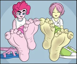 Size: 3000x2500 | Tagged: suggestive, artist:kyudude, derpibooru import, fluttershy, pinkie pie, equestria girls, barefoot, bubble berry, butterscotch, clothes, dirt, dirty, dirty feet, equestria guys, feet, fetish, foot fetish, image, male, male feet, png, rule 63, sandals, shoes, soles, sweat, toes