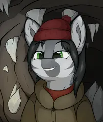 Size: 3000x3550 | Tagged: safe, artist:marusya, derpibooru import, oc, pony, zebra, fallout equestria, fallout equestria: the fossil, beanie, cave, fanfic art, female, hat, image, mare, png, smiling, solo