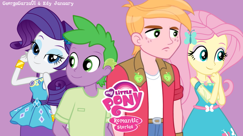 Size: 1920x1080 | Tagged: safe, artist:edy_january, artist:georgegarza01, artist:starryshineviolet, derpibooru import, edit, big macintosh, fluttershy, rarity, spike, human, series:romantic and jackass, series:romantic stories, series:sparity, equestria girls, female, fluttermac, image, link in description, logo, logo edit, male, png, purple background, shipping, simple background, sparity, straight, vector used, wallpaper