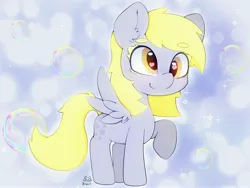 Size: 4000x3000 | Tagged: safe, artist:zokkili, derpibooru import, derpy hooves, pegasus, pony, beanbrows, bubble, cute, derpabetes, ear fluff, eyebrows, heart, heart eyes, high res, image, jpeg, raised hoof, signature, smiling, solo, spread wings, wingding eyes, wings