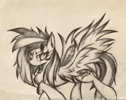 Size: 2049x1626 | Tagged: safe, artist:lydia, derpibooru import, oc, oc:wooden toaster, bedroom eyes, cool, glaze, image, jpeg, looking at you, paper, pencil drawing, sketch, spread wings, traditional art, wings