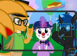 Size: 1063x778 | Tagged: safe, artist:wheatley r.h., derpibooru import, oc, oc:myoozik the dragon, oc:twi clown, oc:w. rhinestone eyes, unofficial characters only, changeling, dragon, pony, unicorn, balloon, birthday, blue changeling, bowtie, bracelet, bush, changeling oc, clothes, clown, clown makeup, clown nose, cuffs, derpibooru exclusive, dragon oc, female, flan, food, glasses, glow, glowing horn, hair, happy, hat, honeypot changeling, horn, image, jewelry, jpeg, magic, male, mare, mobile phone, necklace, non-pony oc, party balloon, phone, photo, pudding, red nose, shirt, shorts, stallion, telekinesis, tongue out, top hat, unicorn oc, vector, watermark