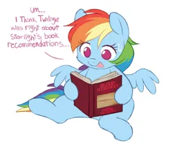 Size: 610x510 | Tagged: safe, artist:higgly-chan, derpibooru import, rainbow dash, pegasus, pony, blood meridian, book, chibi, female, image, implied starlight glimmer, implied twilight sparkle, mare, open mouth, png, reading, simple background, sitting, solo, sweat, white background