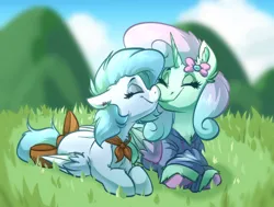 Size: 2536x1920 | Tagged: safe, artist:witchtaunter, derpibooru import, oc, unofficial characters only, pegasus, pony, bow, chest fluff, clothes, cloud, commission, cute, ear fluff, eyes closed, grass, grass field, image, mountain, nuzzling, oc x oc, outdoors, pegasus oc, png, scarf, shipping, smiling, tail, tail bow, wings