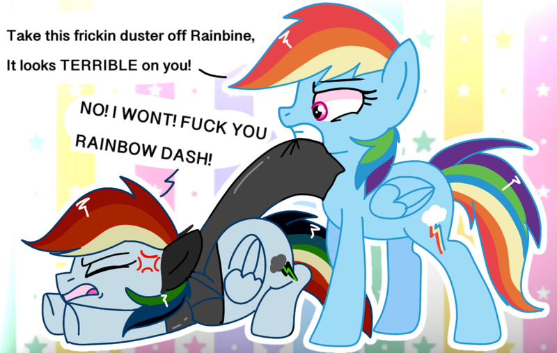 Size: 2026x1284 | Tagged: safe, artist:mlpcartel, derpibooru import, rainbow dash, elements of insanity, bully, bullying, dragging, duster, image, jpeg, rainbine, vulgar