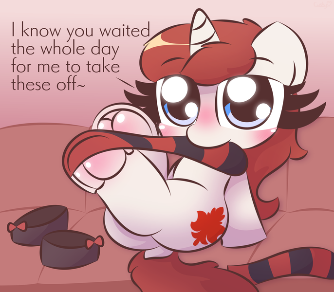 Size: 2087x1825 | Tagged: safe, artist:cushyhoof, derpibooru import, oc, oc:amber reverie, unofficial characters only, pony, unicorn, blushing, butt, clothes, commission, couch, dock, female, fetish, flats, frog (hoof), hoof fetish, hoofbutt, hooves, image, looking at you, mare, mouth hold, plot, png, pulling, shoes, sitting, socks, solo, stockings, striped socks, tail, teasing, text, thigh highs, underhoof