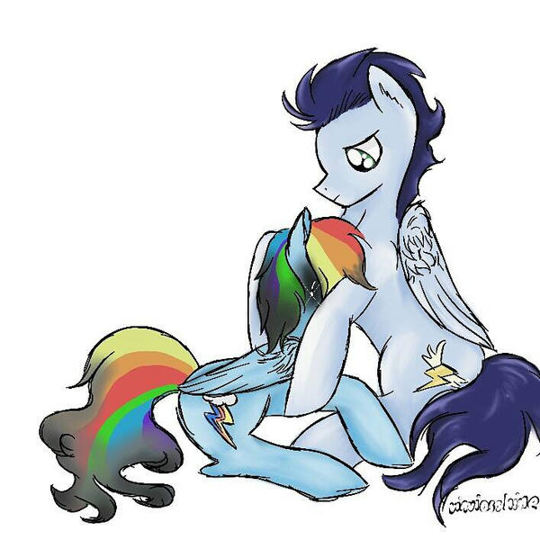 Size: 600x600 | Tagged: safe, artist:vinviasshine, derpibooru import, rainbow dash, soarin', pegasus, pony, female, hug, image, jpeg, male, mare, sad, shipping, simple background, soarindash, stallion, straight, white background