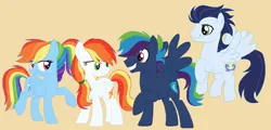 Size: 1024x491 | Tagged: safe, artist:asexual-armadillo, derpibooru import, rainbow dash, soarin', oc, oc:sundance, oc:thunder blitz, pegasus, pony, female, image, jpeg, male, mare, offspring, parent:rainbow dash, parent:soarin', parents:soarindash, shipping, simple background, soarindash, stallion, straight