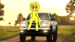 Size: 3840x2160 | Tagged: safe, artist:perezadotarts, derpibooru import, oc, unofficial characters only, pony, unicorn, countryside, image, pickup truck, png, sitting, smiling, solo, sunset, toyota, toyota tacoma