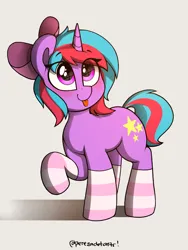 Size: 2250x3000 | Tagged: safe, artist:perezadotarts, derpibooru import, oc, oc:cosmic spark, unofficial characters only, pony, unicorn, :p, bow, clothes, cutie mark, female, hair bow, image, looking up, png, simple background, smiling, socks, solo, striped socks, text, tongue out
