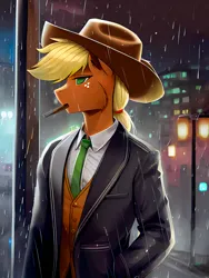 Size: 1536x2048 | Tagged: safe, artist:darbarri, derpibooru import, machine learning assisted, applejack, anthro, earth pony, ai content, cigar, clothes, image, jacket, night, noir, png, rule 63, sad, smoking, solo