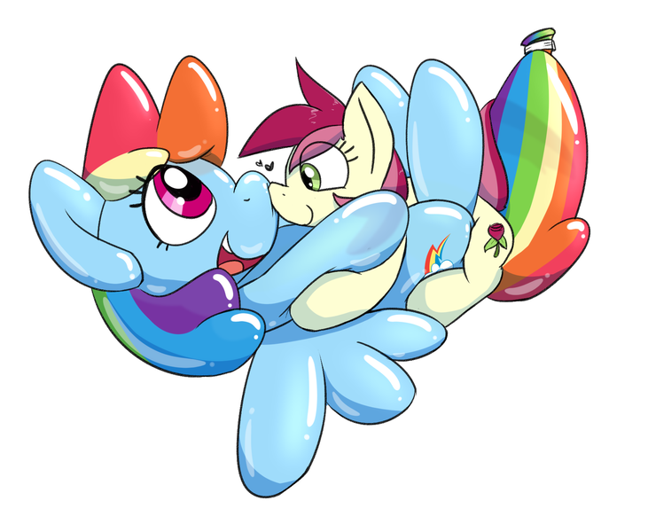 Size: 1634x1342 | Tagged: safe, anonymous artist, derpibooru import, rainbow dash, roseluck, balloon pony, earth pony, inflatable pony, pegasus, pony, balloon, balloon rainbow dash, cuddling, duo, duo female, female, heart, image, inflatable, nuzzling, png, riding, simple background, white background